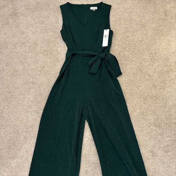 Calvin Klein Emerald Green Glitter Wide Leg Belted Jumpsuit NWT - Picture 3 of 9